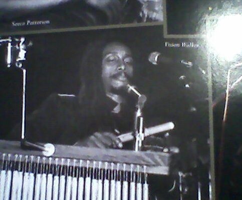 A picture of bob marley playing the organ.